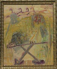 Abstract painting with wavy lines, pastel colors, and shapes resembling birds on a branch; enclosed in a gold, textured frame.