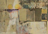 Abstract mixed-media collage with textured paper, scribbles, two yellow circles, and a small image of a person. The composition has layered materials, muted colors, and various geometric shapes.
