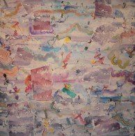 Colorful abstract painting with swirling patterns, soft pastel tones, and scattered shapes resembling brush strokes or doodles on a textured canvas. The overall look is whimsical and expressive, with no clear subject or focal point.