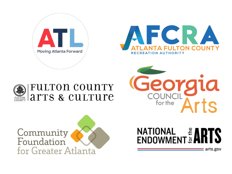 Logos for ATL Moving Atlanta Forward, Atlanta Fulton County Recreation Authority, Fulton County Arts & Culture, Georgia Council for the Arts, Community Foundation for Greater Atlanta, and the National Endowment for the Arts.